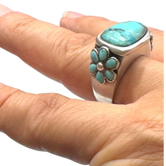 Vintage Barse 925 Sterling Silver Turquoise Ring Size 8 With Floral Side Detail - Picture 4 of 11